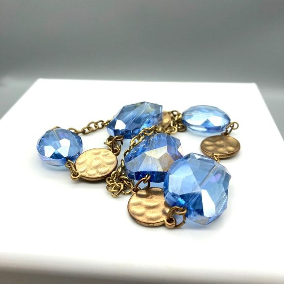 Vintage Sparkling Blue Crystal Necklace with Gold Tone Hammered Discs, Retro - Picture 4 of 4